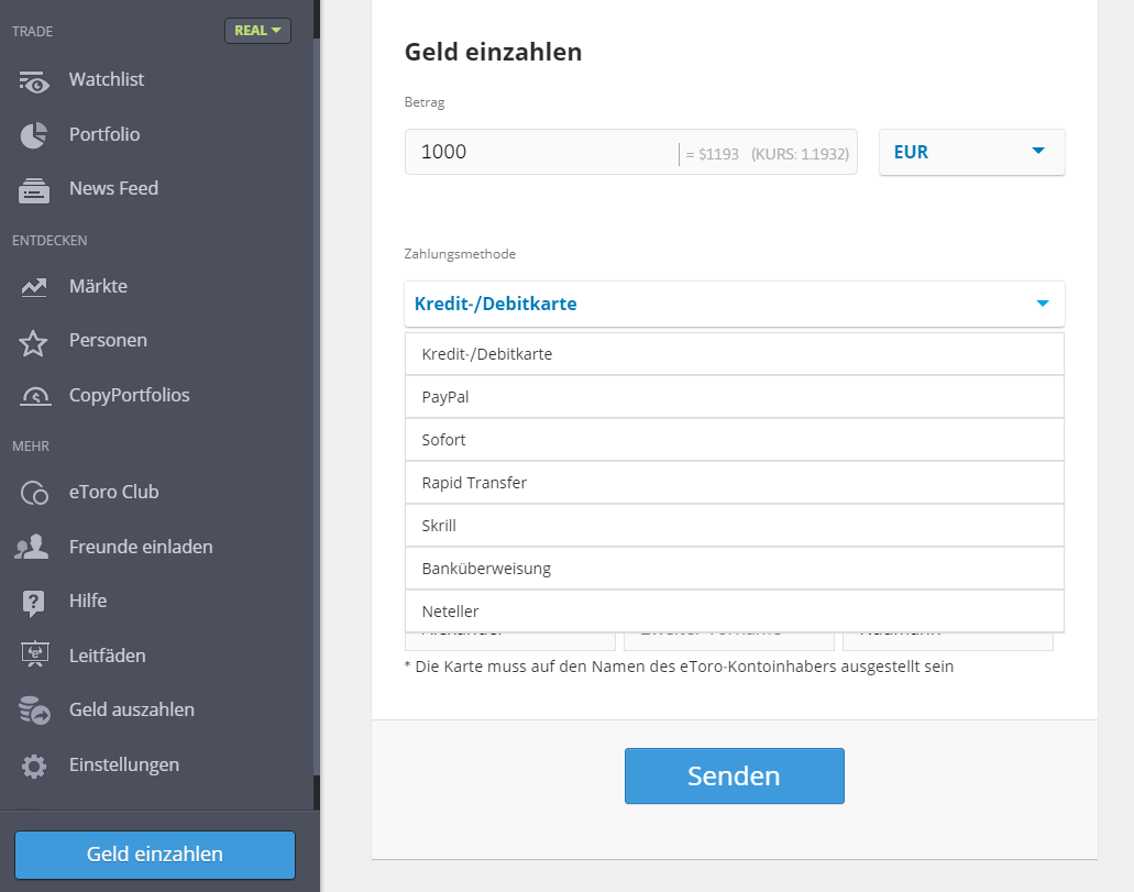 Guthaben auf eToro einzahlen