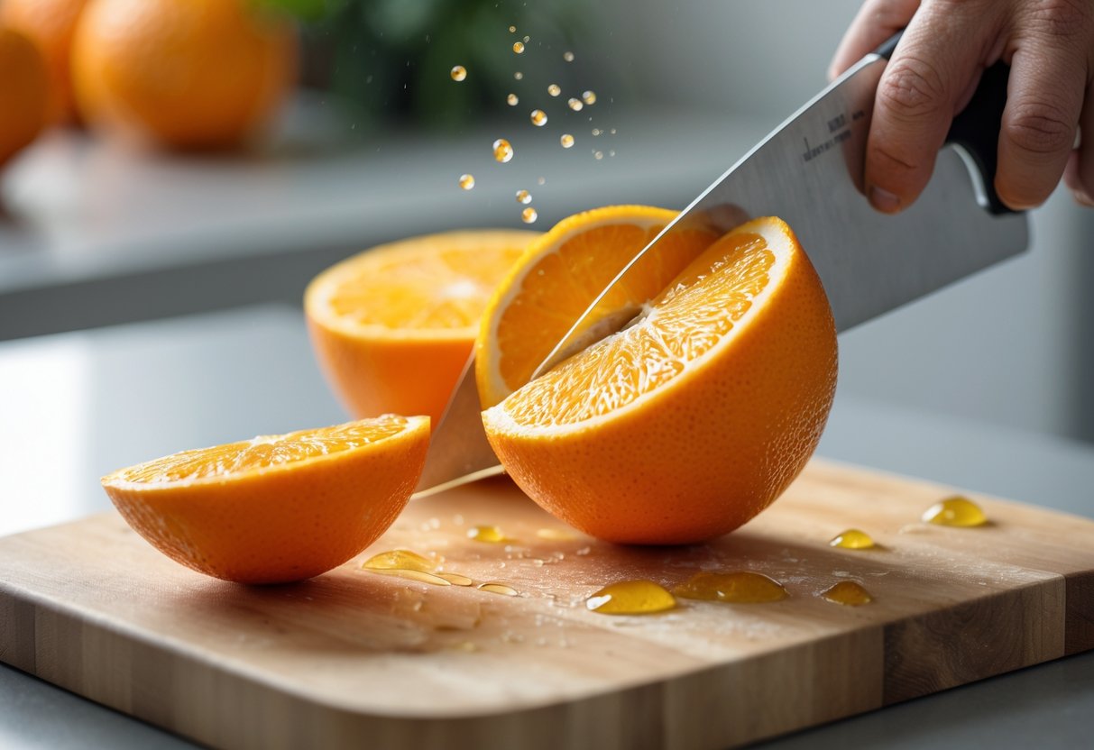 Eine Nahaufnahme einer frischen Orange, die auf einem Holzbrett in zwei Hälften geschnitten wird.