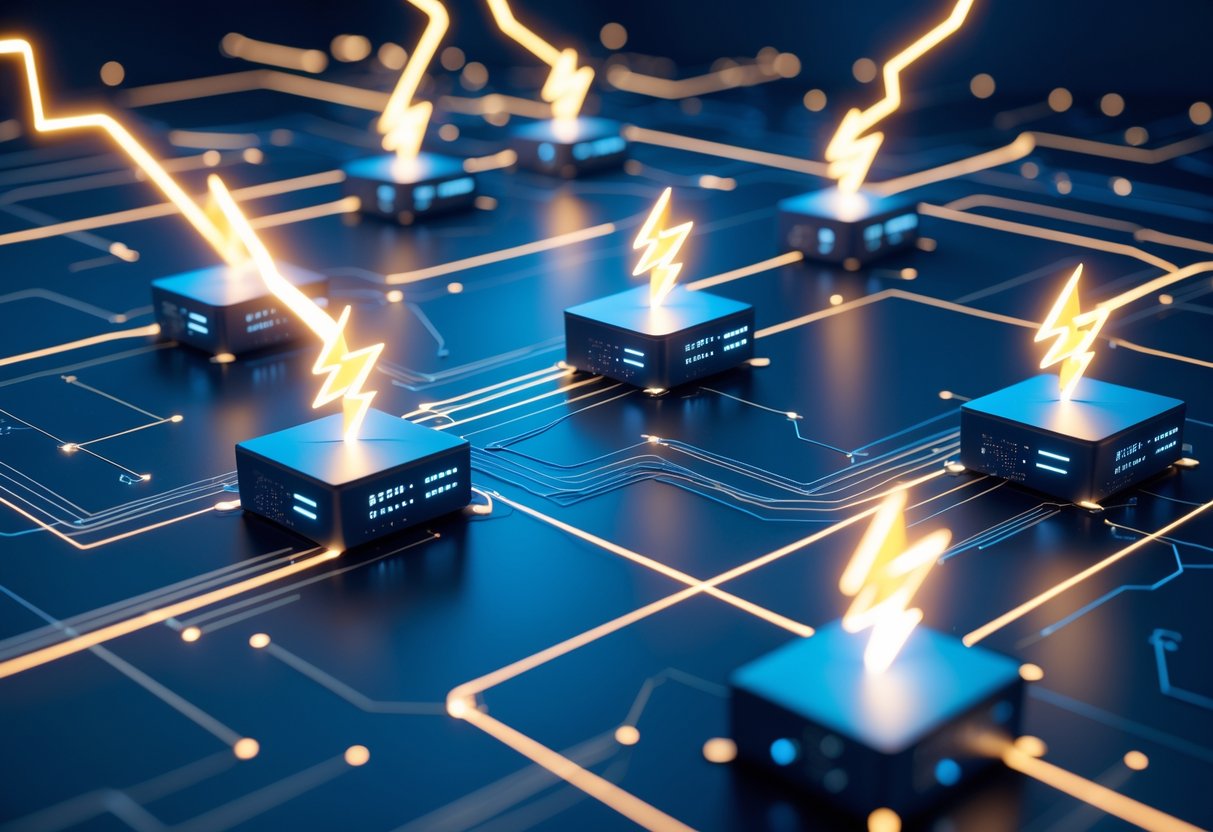 Ein digitales Netzwerk mit leuchtenden Blitzsymbolen, die mehrere verbundene Knotenpunkte verbinden.