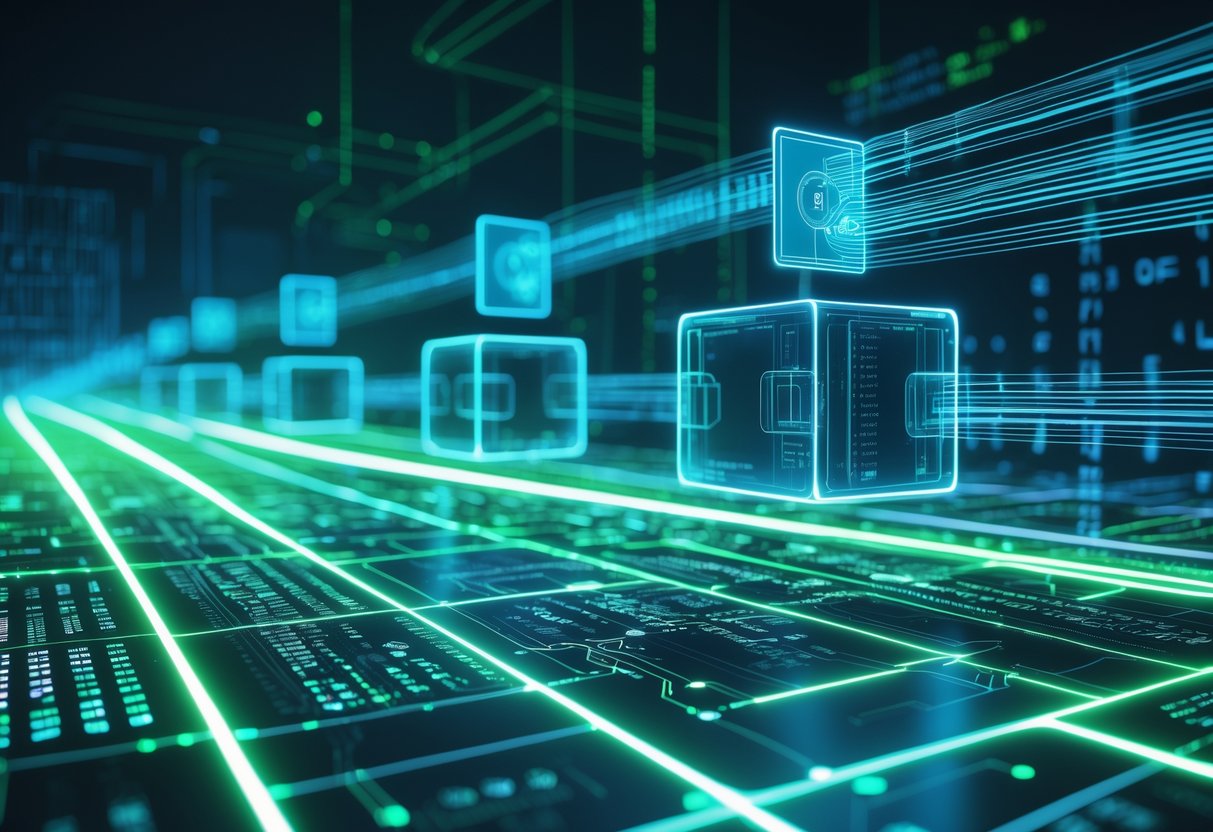 Ein futuristisches digitales Netzwerk mit leuchtenden, verbundenen Blöcken, die eine Blockchain darstellen.
