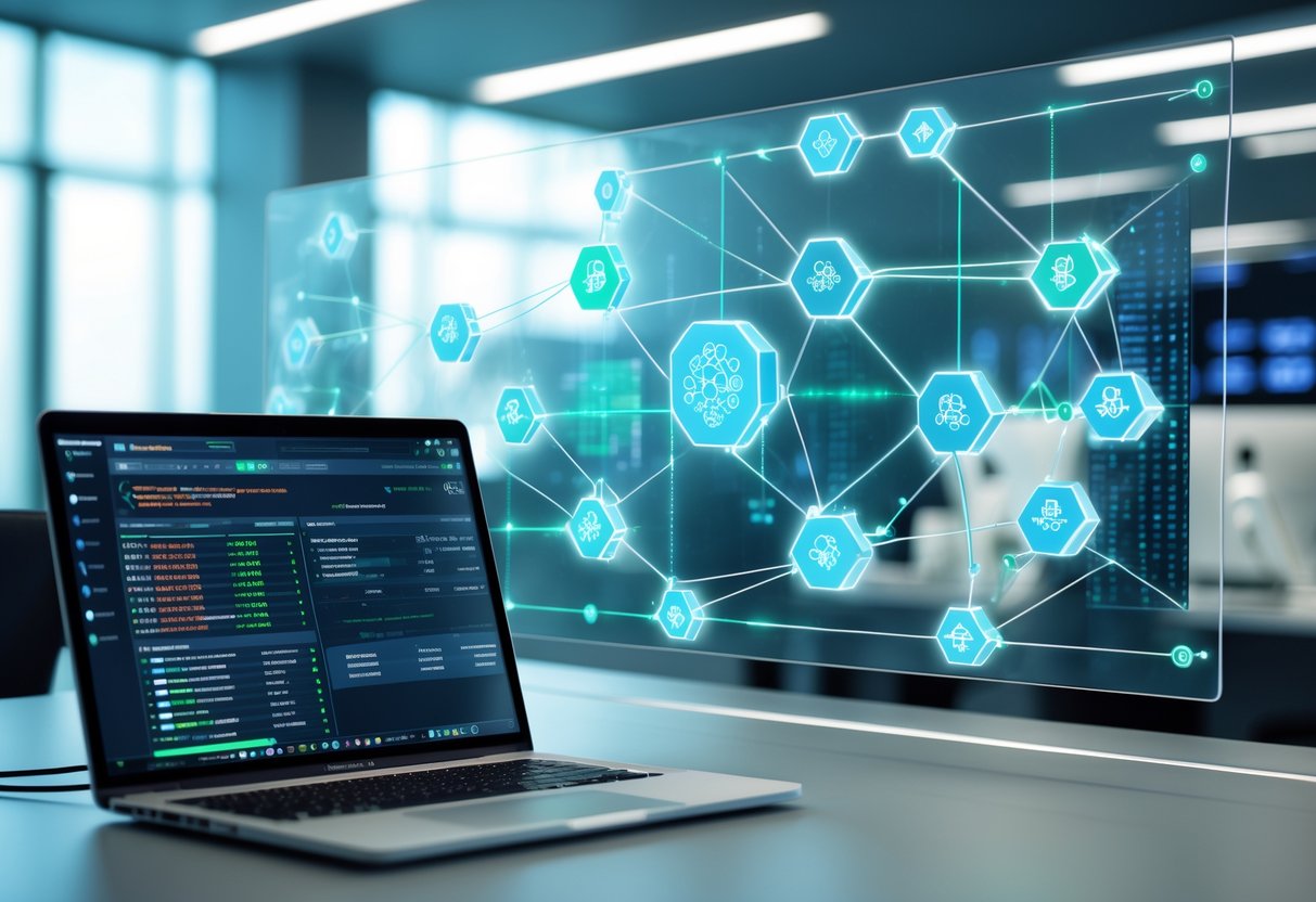 Ein moderner Arbeitsplatz mit transparenten Bildschirmen, die komplexe Blockchain-Transaktionsgrafiken und Datenblöcke zeigen.